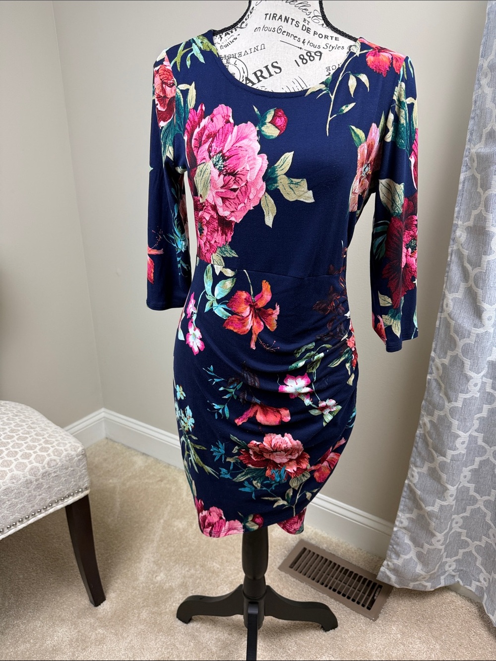 Navy Floral Ruched Sheath Dress with Pink Rose Print